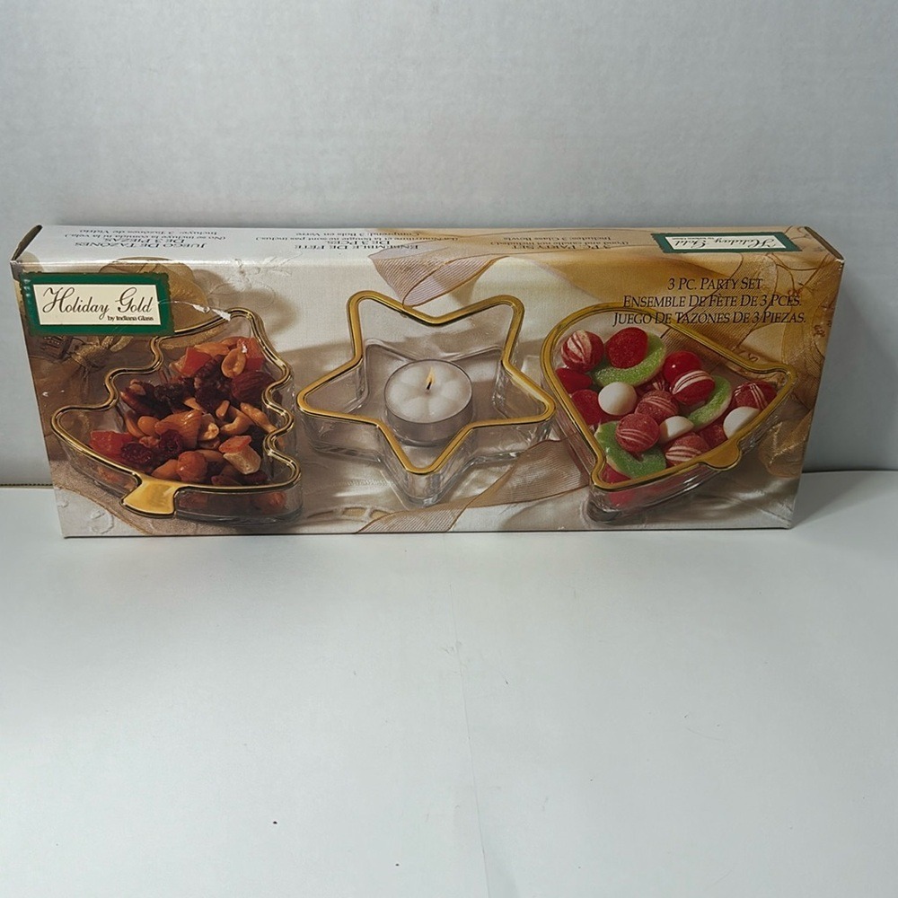 Indiana Glass Holiday Gold‎ 3 Pc Party Set Vintage Christmas Tree Star Heart USA